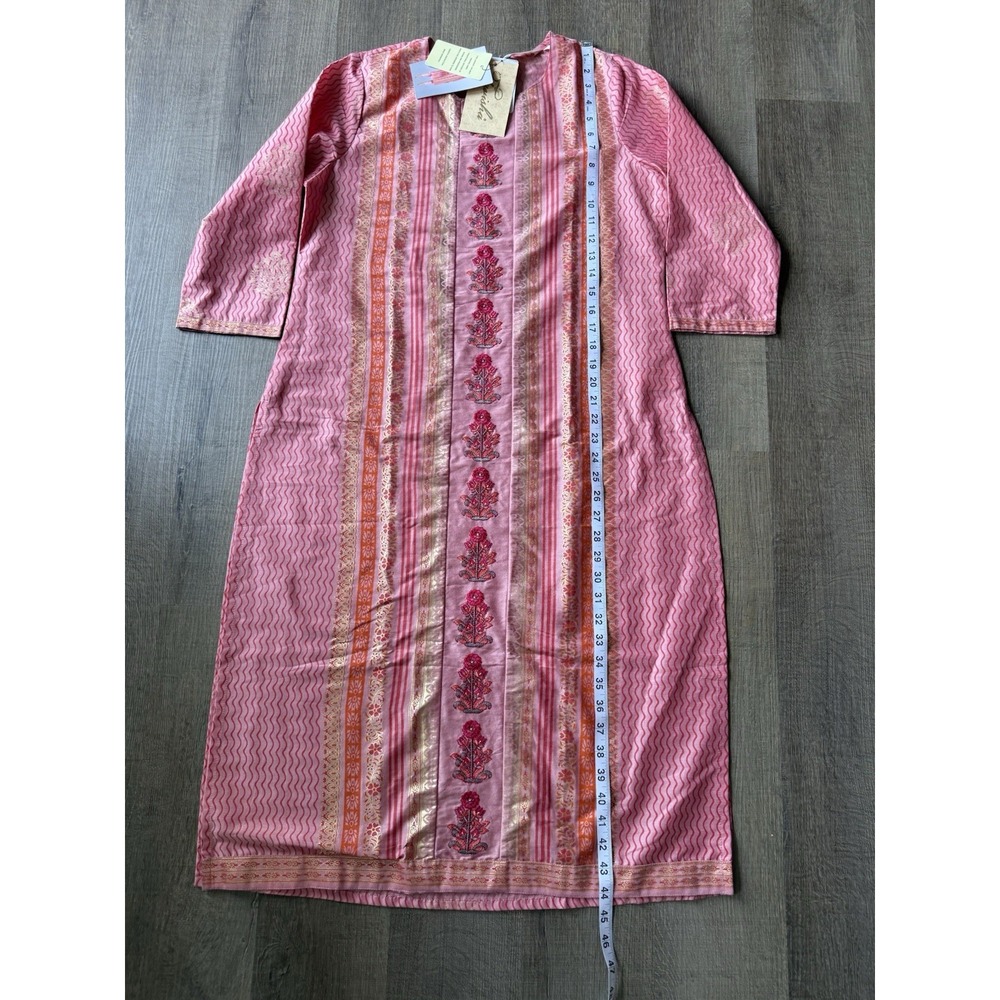 Tanisha Women's Pink Gold Floral Print Regular A-line Kurta Top Only Size Medium - Picture 5 of 11